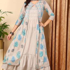 Grey Cotton Ethnic Motifs Embroidered Flared Kurta